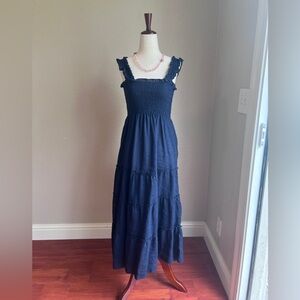 Quince 100% European Linen Smocked Midi Dress Deep Navy Size SMALL